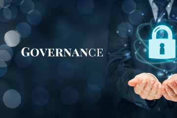man in a blue suit with a blue padlock hovering above his hands.  The word governance in white text on a blue background